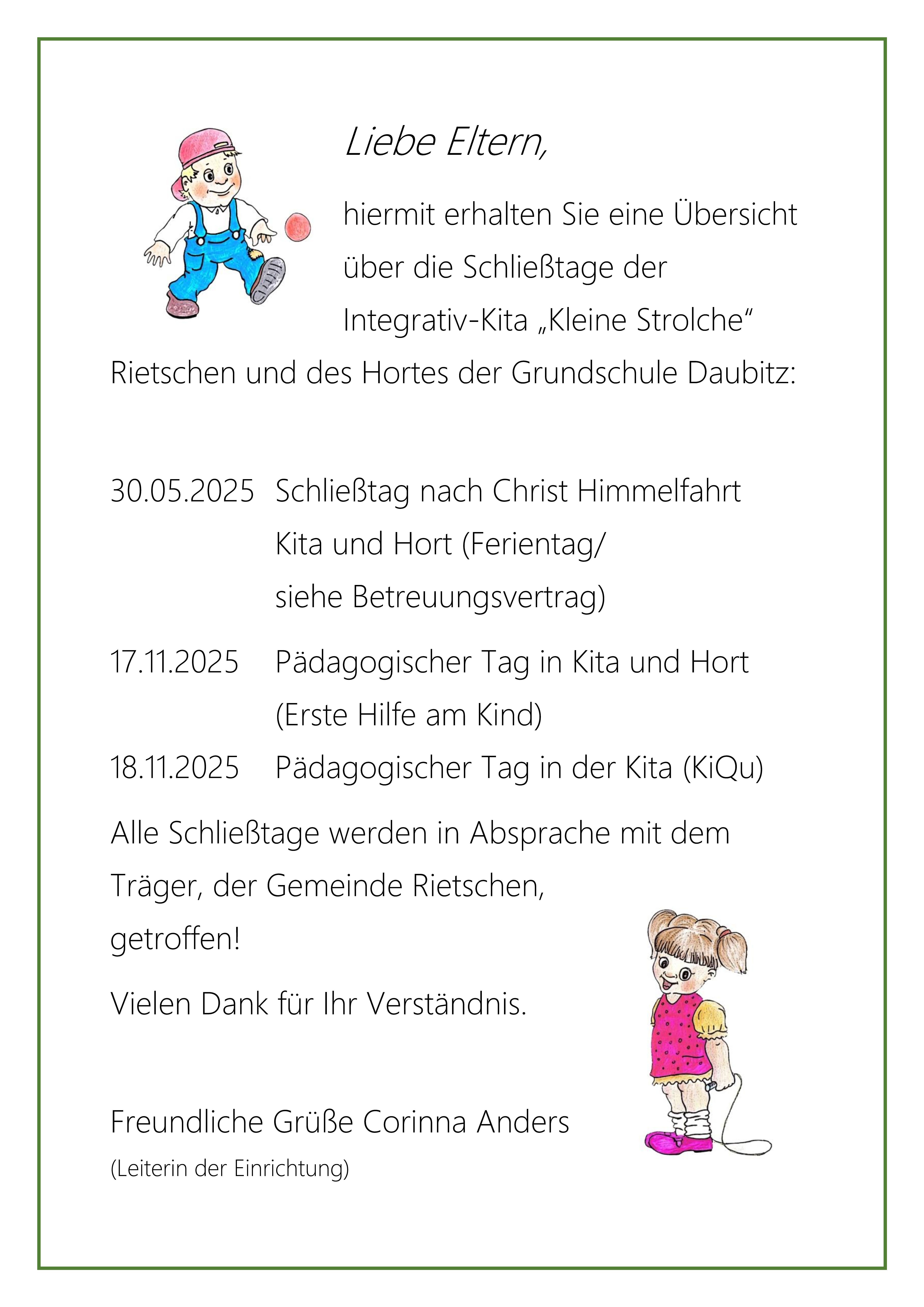 Schließtage KitaHort 2025k